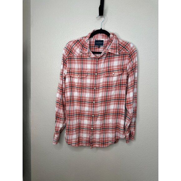 Lucky Brand Mens Orange & White‎ Plaid Flannel Medium Long Sleeve Snap Button - Picture 1 of 8